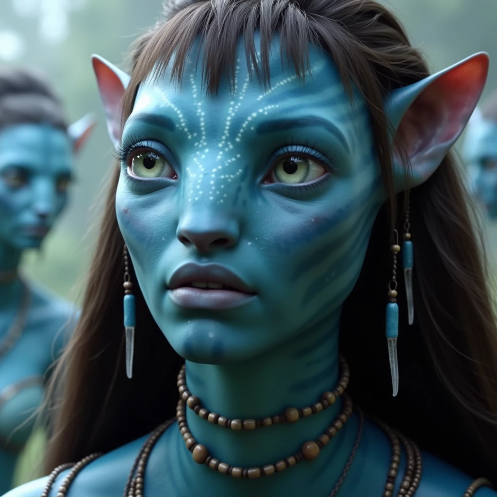 na'vi, na'vi race, avatar, pale teal blue skin, dark brown hair, blue eyes, straight brown hair with bangs, long messy bangs, no eyebrows, long bangs, bangs covering forehead