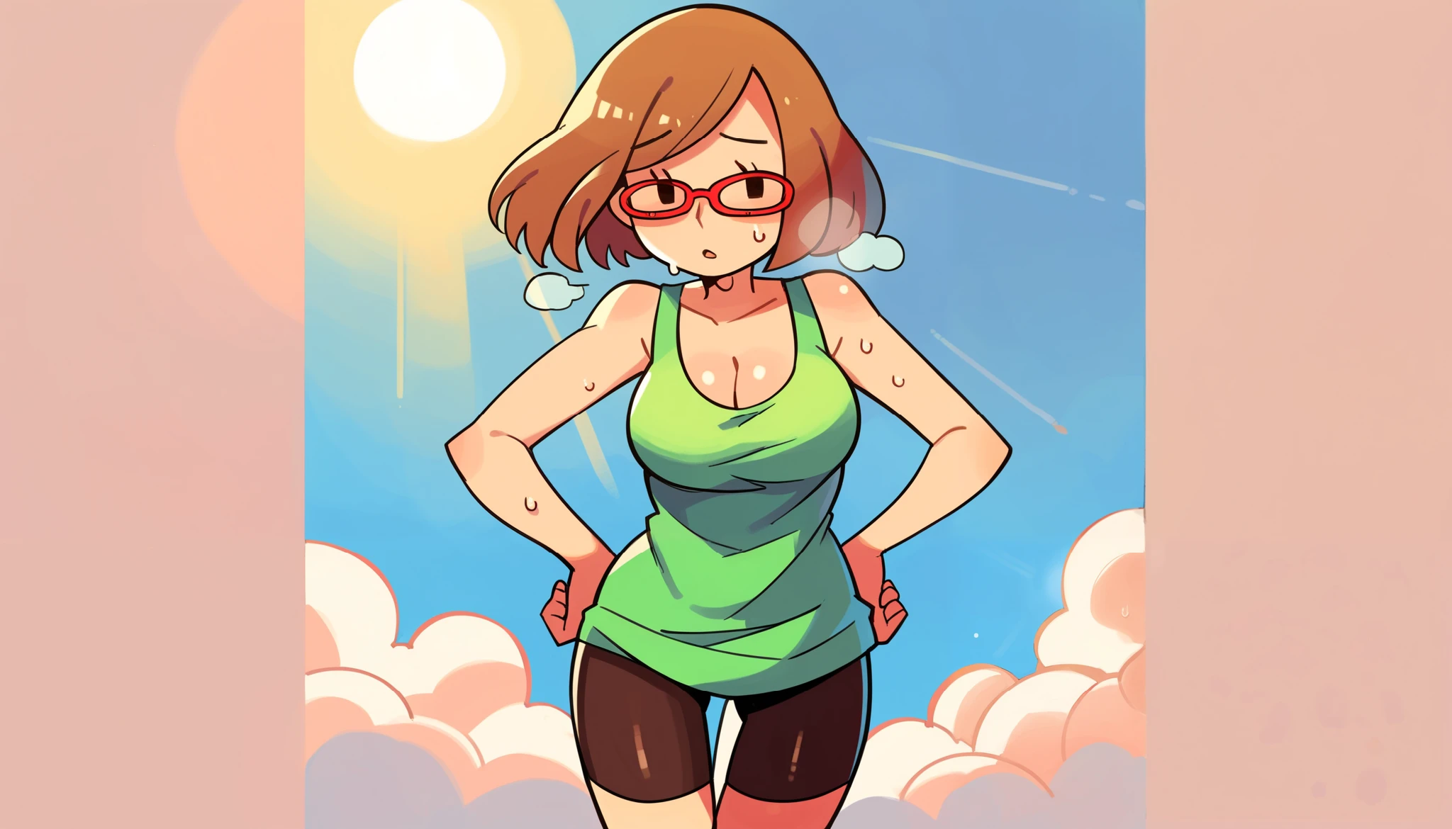 zPDXL, score_9_up, score_8_up, score_7_up, best quality,  source_anime, blue background, clouds, sun, sun rays, detailed background, BREAK 1girl, solo, nikki_(/swapnote/), brown hair, dot eyes, red glasses, bob cut, green tank top, no sleeves, bike shorts, cleavage, hands behind head, parted lips, cowboy shot, tired, exhuasted, out of breath, sweating, breathless, sweating profously, drenched in sweat, chin sweat, hands on hips, 