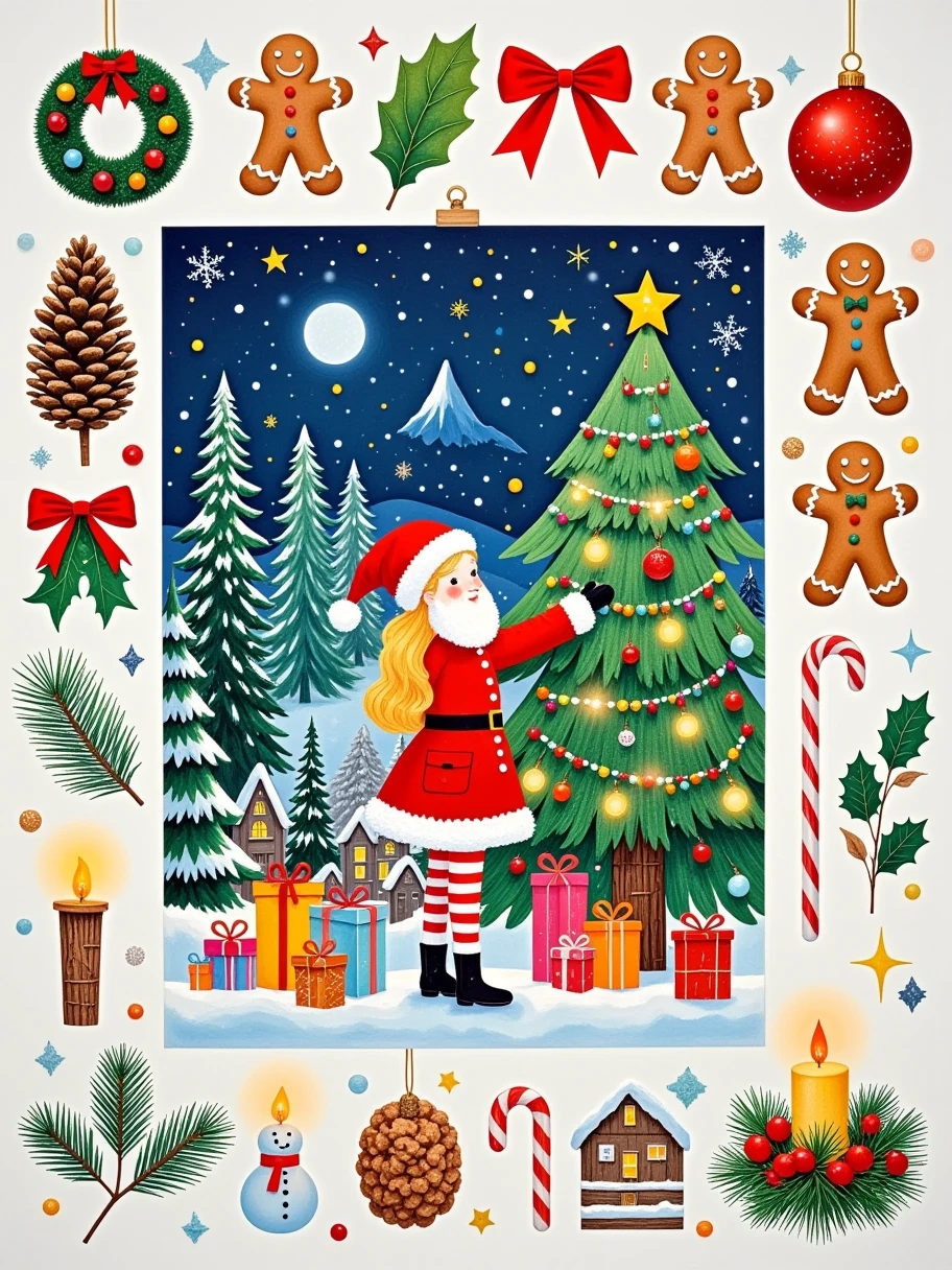  Various Christmas Tree Lights and Balls ,  Christmas Wreaths , Bow, Gingerbread Man, Christmas flags , Christmas candy,  Snowman Candles ,  Christmas candles and other ornaments form a handmade collage , The picture is of Santa Claus wearing,  Christmas night fun and festive holiday mountain village, Simple composition ,  Master's work