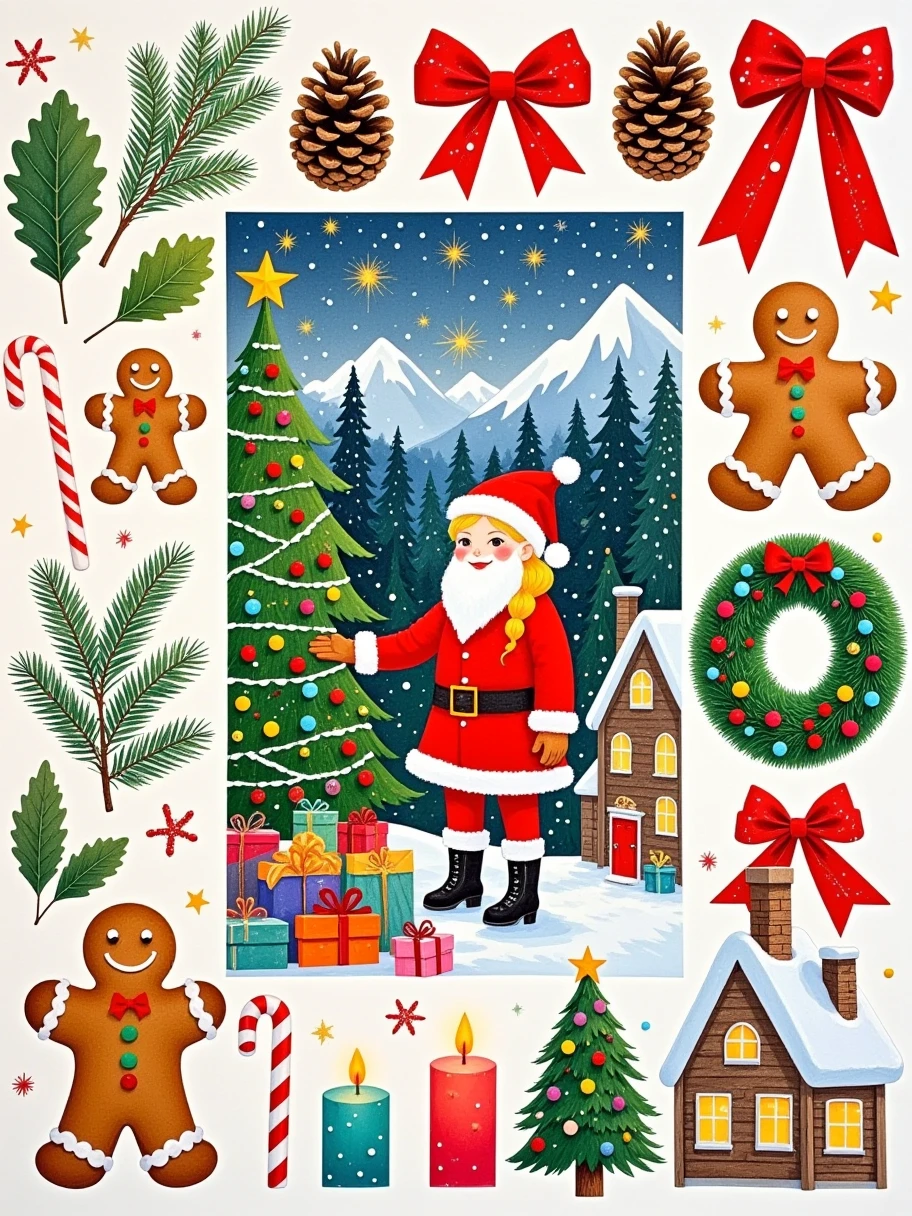  Various Christmas Tree Lights and Balls ,  Christmas Wreaths , Bow, Gingerbread Man, Christmas flags , Christmas candy,  Snowman Candles ,  Christmas candles and other ornaments form a handmade collage , The picture is of Santa Claus wearing,  Christmas night fun and festive holiday mountain village, Simple composition ,  Master's work