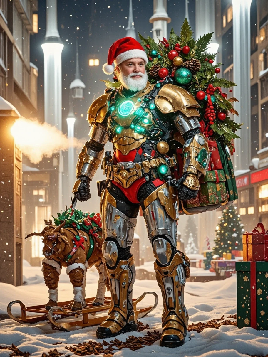 Design an epic, cinematic portrayal of a futuristic cybernetic Santa Claus standing in a glowing, high-tech industrial environment with a Christmas theme. The cyber-Santa is an imposing figure, towering over its surroundings with a blend of traditional Santa features and sleek robotic enhancements. His Santa-like face retains a striking resemblance to the classic figure, with a jolly red-cheeked appearance, but his eyes gleam with a mechanical glow, suggesting advanced AI intelligence. The texture of his skin is a mix of organic smoothness and metallic panels, seamlessly integrated into his body. Santa’s limbs are powerful and fully robotic, constructed with a combination of shining chrome and gold alloy, showcasing intricate details like gears, wires, and illuminated circuits. His chest is fitted with a pulsating, neon-green energy core that emits a faint hum, glowing like the heart of an advanced power source. He is standing upright, his posture both natural and intimidating, giving off a commanding presence. In his hands, Santa holds a magnificent traditional Christmas sleigh. The sleigh is crafted with precision, its wooden frame gleaming with a warm patina. The runners are polished to a smooth finish, as if ready to glide effortlessly over the snow. Harnessed to the sleigh are a team of robotic reindeer, their eyes glowing with a soft blue light. The sleigh is filled with an assortment of beautifully wrapped gifts, each one a work of art in itself. Santa also wears a large Christmas backpack, bulging with more presents. The backpack is made of a durable fabric with festive patterns, and it has shiny buckles and straps that add to its charm. The gifts and the sleigh are symbols of the joy and generosity of the Christmas season. The setting is a sprawling, futuristic industrial complex bathed in a cinematic haze of golden light, with a Christmas twist. Overhead, massive beams of white and blue light pour down from suspended energy conduits, creating dynamic shado