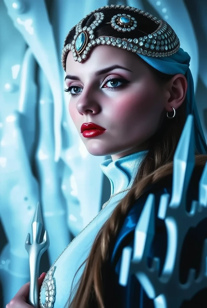 dafnekeen, play of shadow and light, A close-up cinematic shot of a female character dressed in an elaborate ice-themed costume against a frozen backdrop. The scene is bathed in cool tones of blue and white, creating an icy atmosphere. She wears a round headdress encrusted with glittering embellishments.  Her expression is serene and contemplative, with her eyes slightly closed and her head tilted back as if looking upward. The background features large vertical ice formations, including icicles and icicle-like structures, which enhance the frozen environment. Soft, diffused lighting creates a gentle glow, highlighting the textures and details of the ice and costume.