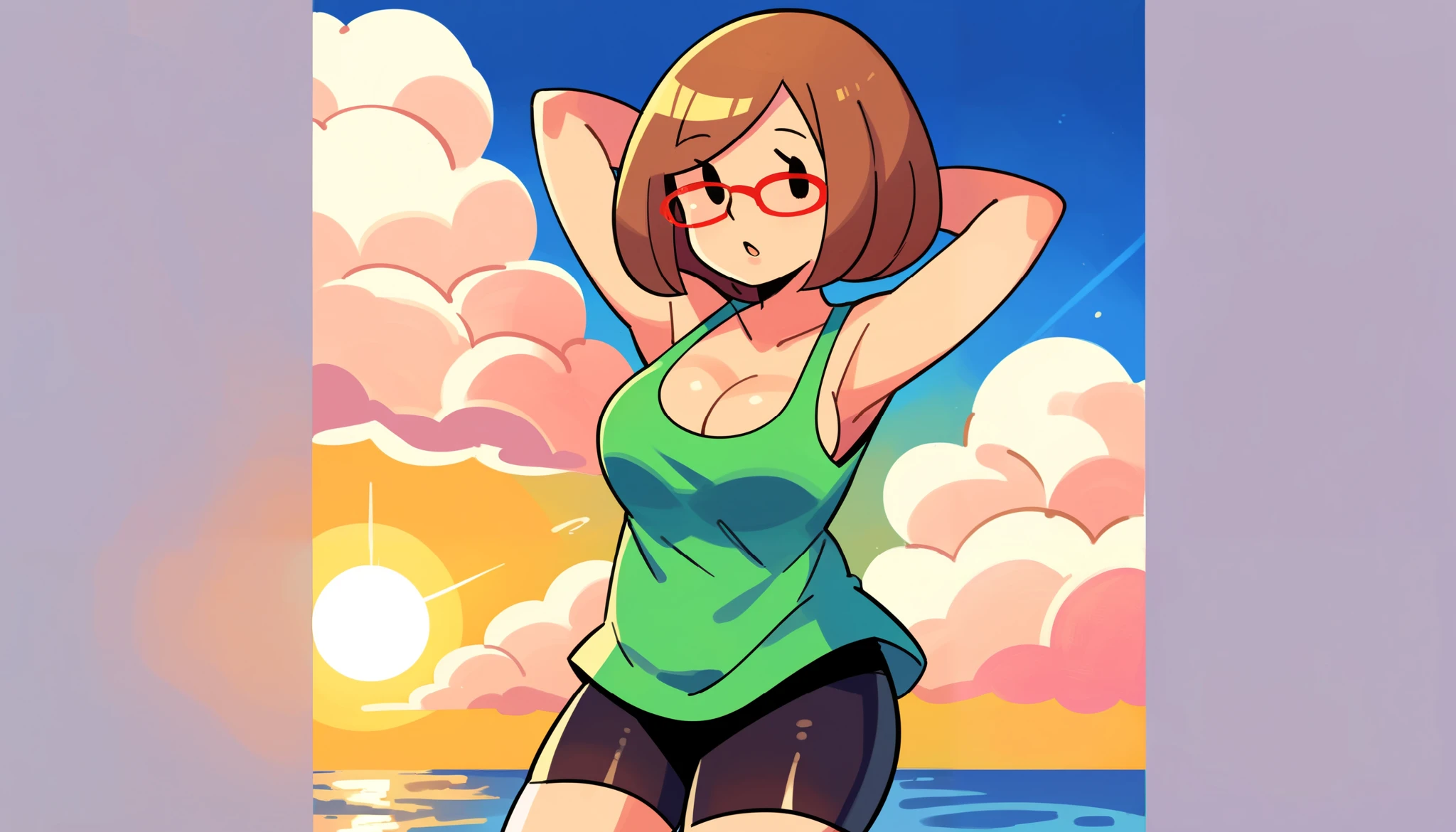 zPDXL, score_9_up, score_8_up, score_7_up, best quality,  source_anime, blue background, clouds, sun, sun rays, detailed background, BREAK 1girl, solo, nikki_(/swapnote/), brown hair, dot eyes, red glasses, bob cut, green tank top, no sleeves, bike shorts, cleavage, hands behind head, parted lips, cowboy shot, 