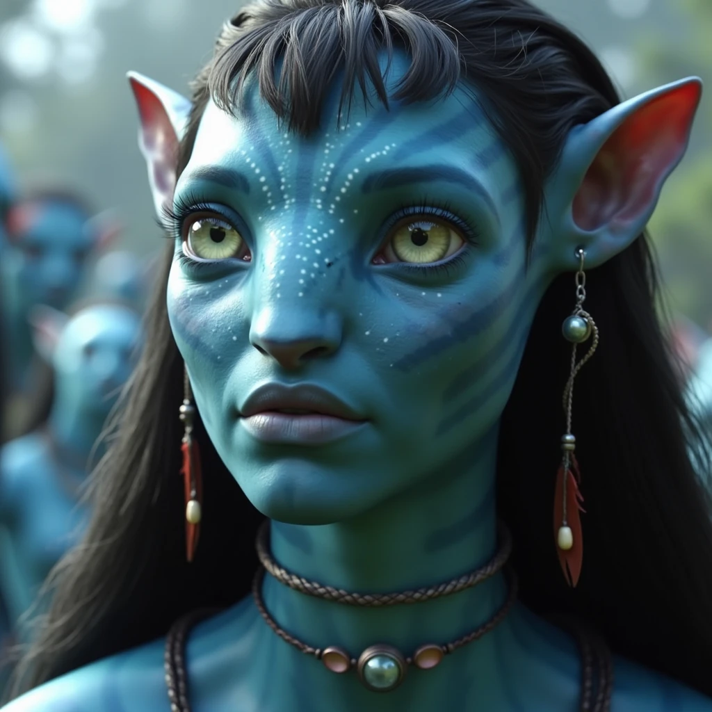 na'vi, na'vi race, avatar, pale teal blue skin, black hair, blue eyes, straight black hair with bangs, long messy bangs, no eyebrows, long bangs, bangs covering forehead