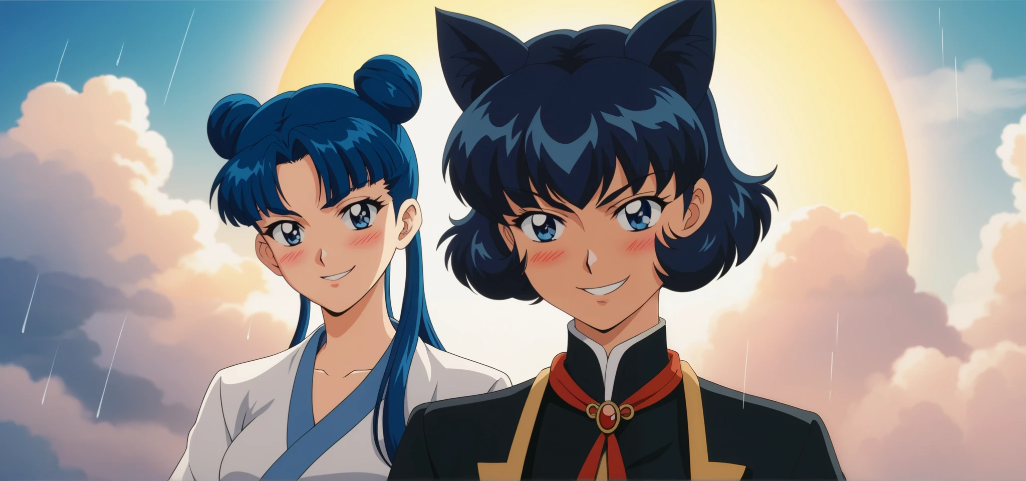 Young woman drawn in 80’s anime art style. 
Retro anime. Vintage Anime. Classical Anime. 
Black Blue HAIR
Cone Hair Bun Hair
She has perfectly Round and Circle eyes. 
Blue eyes and Medium Sized Eyebrows. 
She is Tan Woman.
She has Medium Breast
Small blush on cheek.
Evil Smile/ Evil Smirk

She is wearing a japanese  Uchinasugai  uniform.

 Uchinasugai  (Okinawan:  Uchinasugai /Okinawa figure ), also known as Ryusou (Japanese:  Ryusou Ryusou ,  also written as ryusō) and referred as ushinchi in Okinawan, is the traditional dress of the Ryukyuan people.

(Cloudy) (Sky) (Raindrops) (Rainy Sky)

(View from the City)

