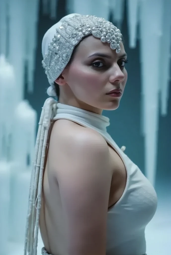 dafnekeen, play of shadow and light, A close-up cinematic shot of a female character dressed in an elaborate ice-themed costume against a frozen backdrop. The scene is bathed in cool tones of blue and white, creating an icy atmosphere. She wears a round headdress encrusted with glittering embellishments.  Her expression is serene and contemplative, with her eyes slightly closed and her head tilted back as if looking upward. The background features large vertical ice formations, including icicles and icicle-like structures, which enhance the frozen environment. Soft, diffused lighting creates a gentle glow, highlighting the textures and details of the ice and costume.