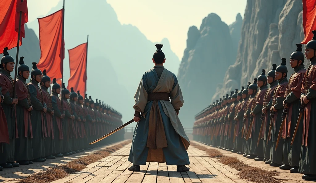 melhor qualidade, master part, ultrahigh-resolution, (fotografia realista:1.4), Surrealismo, Semelhante a um sonho,FusionArt, Deusa AI,Ten thousand swords plunged into the ground,Background Story: Cidade de Chang'an que nunca dorme,Manto Hanfu,Um vislumbre de espanto