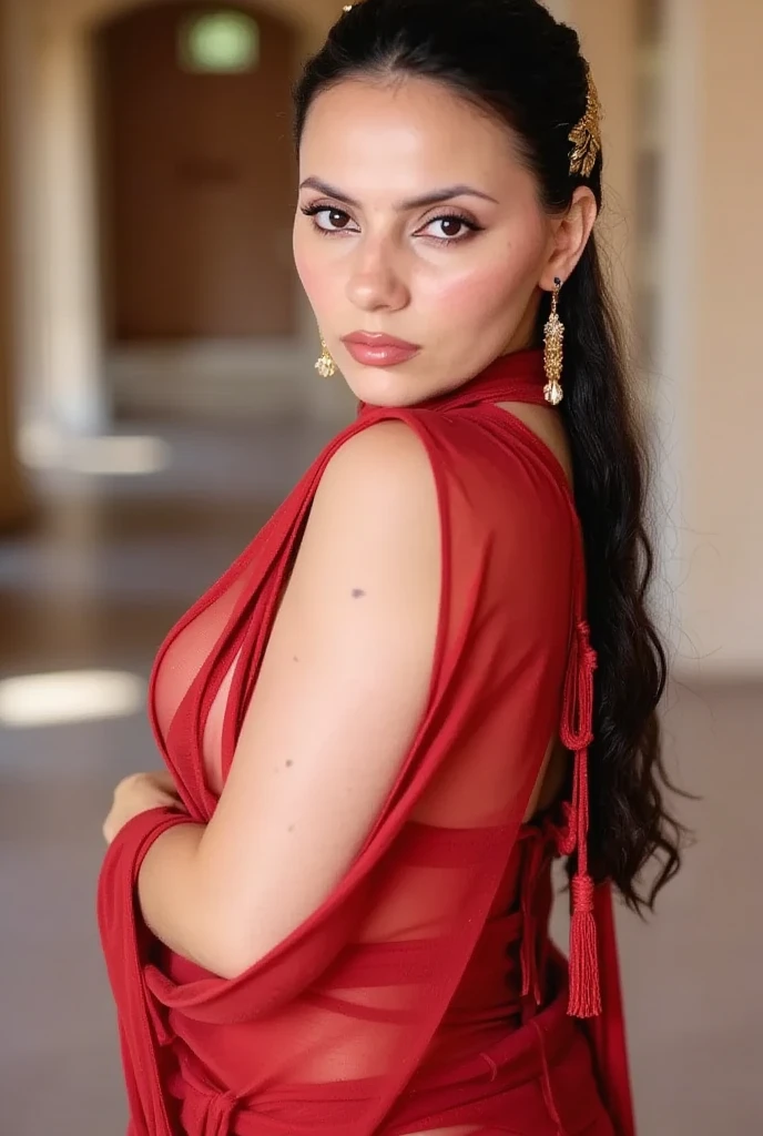 dafnekeen,  1girl, solo, 25 years old, perfect face, (adult), sexy, freckles, black hair, long hair, floating hair, headband, hair ornament, golden jewelry, red see-through clothes, red harem outfit, Arabic architecture, blush, shy smile, portrait, face focus, depth of field, looking at viewer,