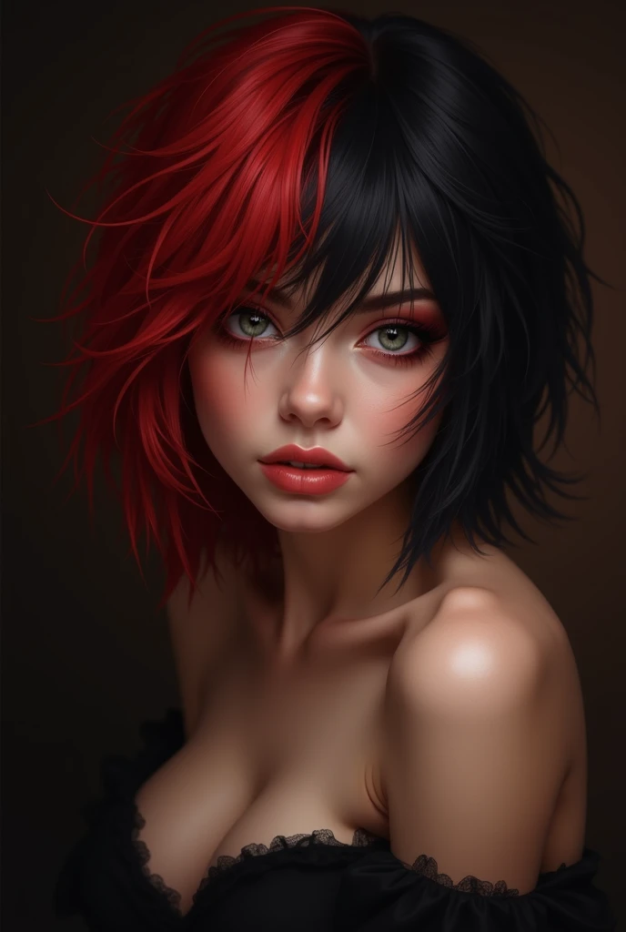 (Realisttic:1.2), analog photo style,(cute woman with short black-red multicolored hair and red luminous eyes in mystical fascinating scene), (she listens into the ringing silence, slightly tilting her head to the side), (her full body with uncovered tummy is a visual pleasure), extremely sexy, gloomy dark atmosphere, play of light in the sun rays, a delicate balance between beauty and darkness, faded colours, great quality, Masterpiece, intricate fantasy background, naturally cinematic light, 16k quality, HDR, RAW photo