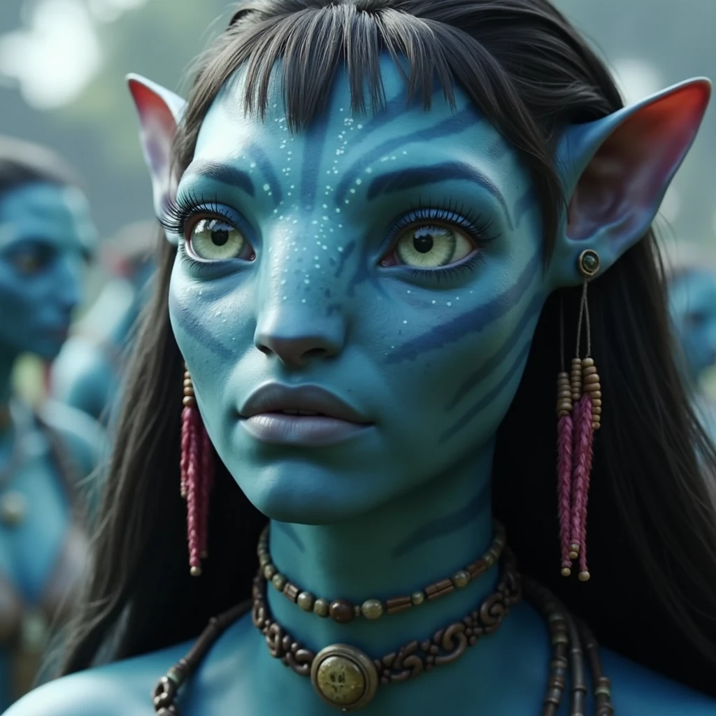 na'vi, na'vi race, avatar, pale teal blue skin, black hair, blue eyes, straight black hair with bangs, long messy bangs, no eyebrows, long bangs, bangs covering forehead