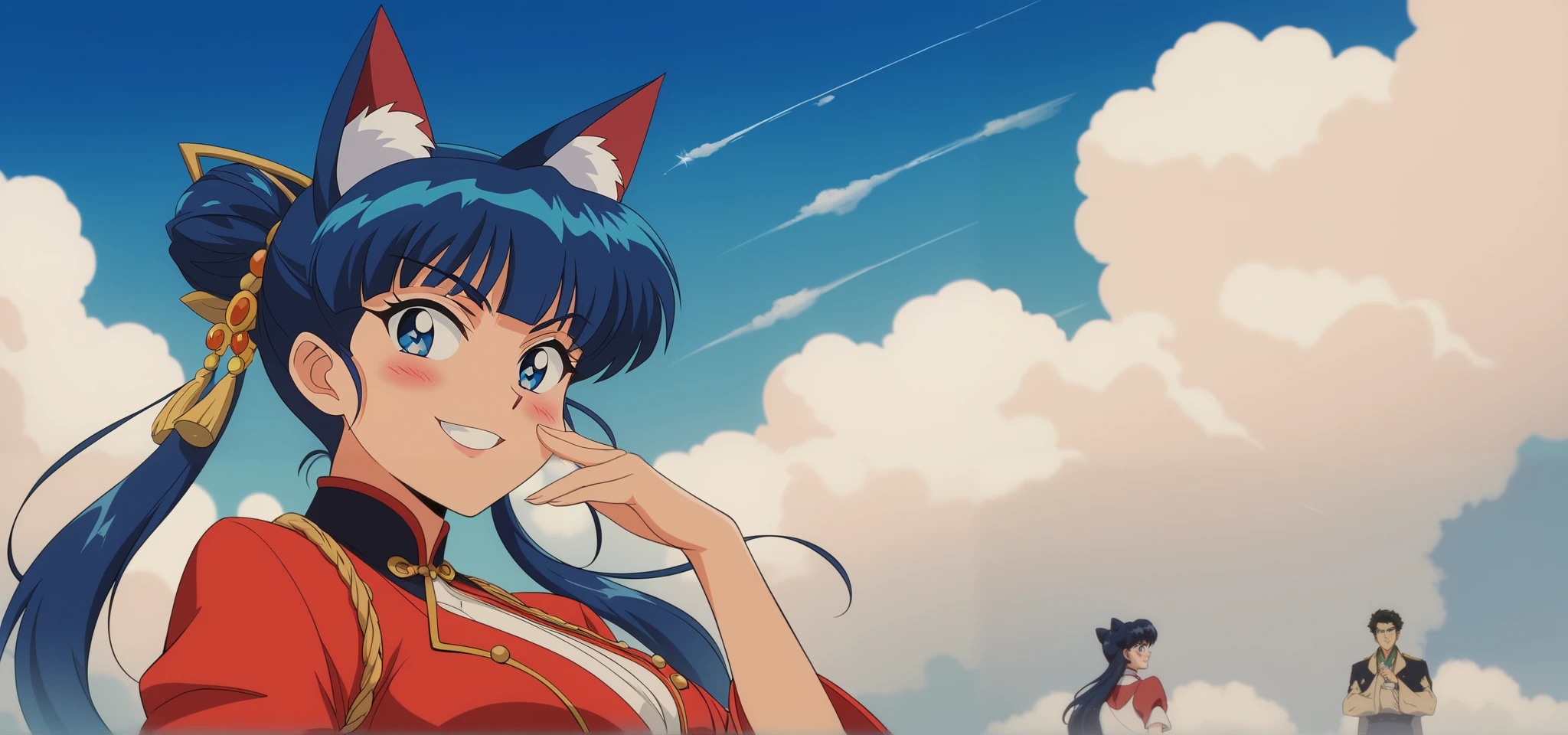 Young woman drawn in 80’s anime art style. 
Retro anime. Vintage Anime. Classical Anime. 
Black Blue HAIR
Cone Hair Bun Hair
She has perfectly Round and Circle eyes. 
Blue eyes and Medium Sized Eyebrows. 
She is Tan Woman.
She has Medium Breast
Small blush on cheek.
Evil Smile/ Evil Smirk

She is wearing a japanese Uchinasugai uniform.

 Uchinasugai (Okinawan: Uchinasugai /Okinawa figure), also known as Ryusou (Japanese: Ryusou Ryusou, also written as ryusō) and referred as ushinchi in Okinawan, is the traditional dress of the Ryukyuan people.

(Cloudy) (Sky) (Raindrops) (Rainy Sky)

(View from the City)

