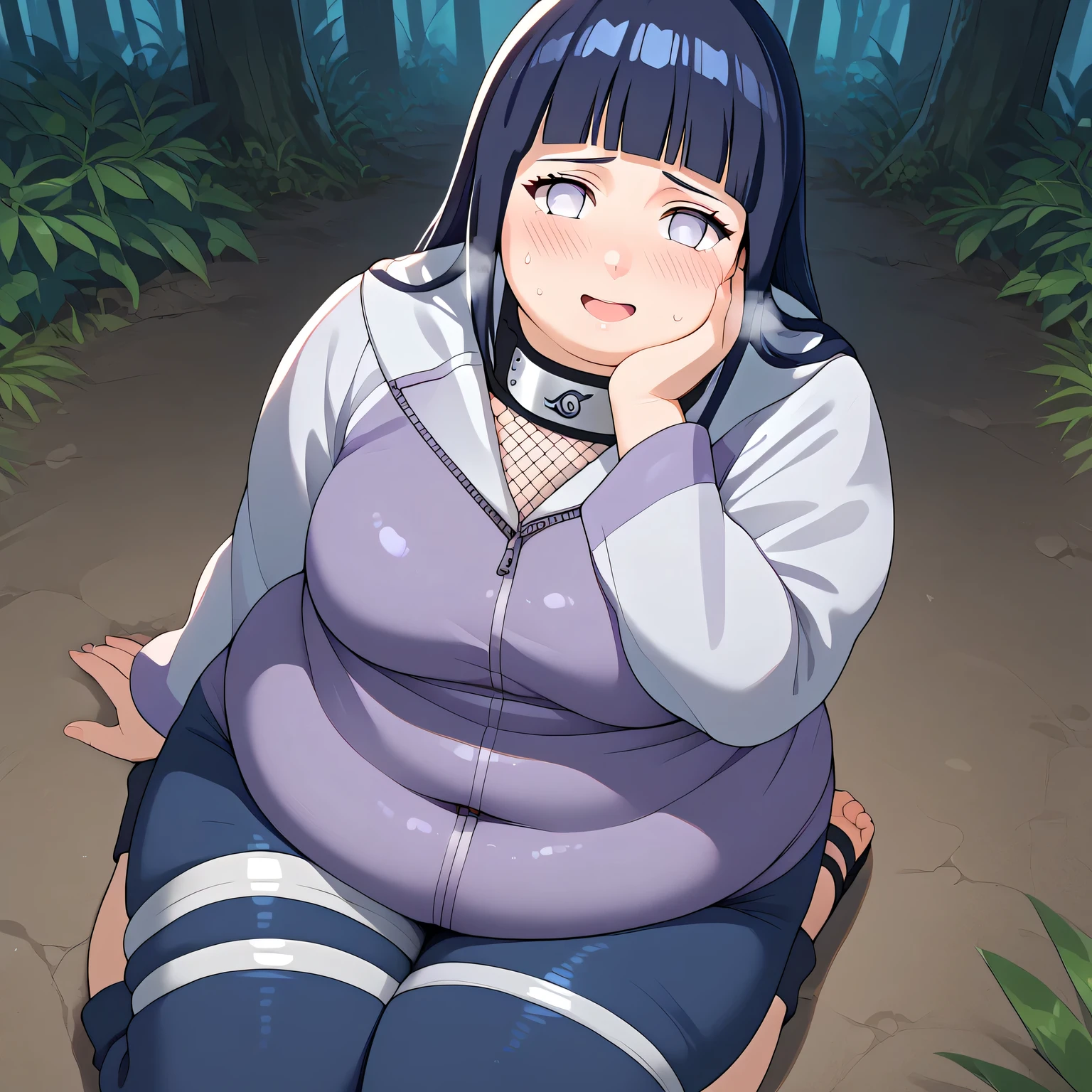 score_9, score_8_up, score_7_up, score_6_up, BREAK, HinataHyugaNXL, no pupils, white eyes, black hair, long hair, blunt bangs, mediun breasts, forehead protector, fishnets, purple jacket, long sleeves, blue pants, black footwear, toeless footwear, solo, full body, sitting, bellow view, seductive smile, looking at viewer, forest  swollen face, fat, chubby, obese, open mouth, out of breath, absurdres, highres icon, rating:General, confused, blush, {flustered}, nervous sweating, portrait, pov hands, hand on another's cheek, averting eyes, [looking away], straight-on, from above,  upper body, masterpiece, best quality, ultra-detailed, high resolution, 8K, 