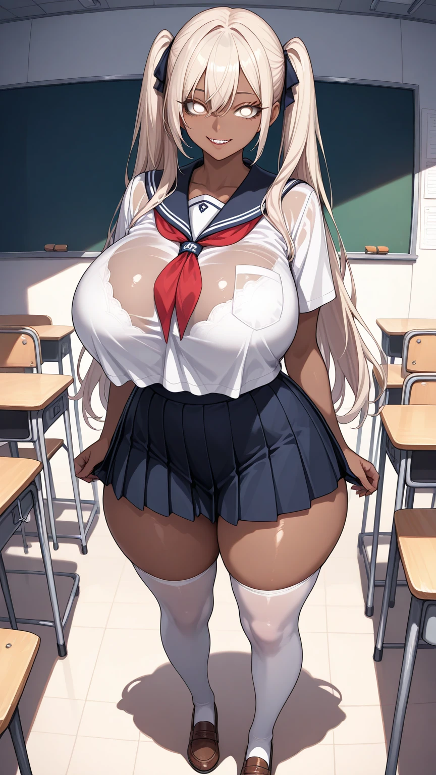 nsfw,（ultra detailed,  Masterpiece ,  top quality, 8k, very aesthetic, Realistic detailed CG ,  sharp concentration,  Ultra High Definition),  1 woman , (school uniform, pleated skirt, and knee-high socks, see-through), (detailed beautiful eyes, white conjunctiva,  textured skin, Dark Skin, Long eyelashes, camel eyes, Droopy eyes), ( detailed hair,  semi-long hair,  beautiful platinum blonde hair, amount,  sliced back hair ,  Twin Tails ), (evil smile:1.5), (huge breasts, potbelly, wide hip, thick thighs, very tanned skin), Captivating thighs, Skin with attention to detail, (School, classroom, At night), (shiny skin:1.3, Shy body:1.3), (full body, standing), 