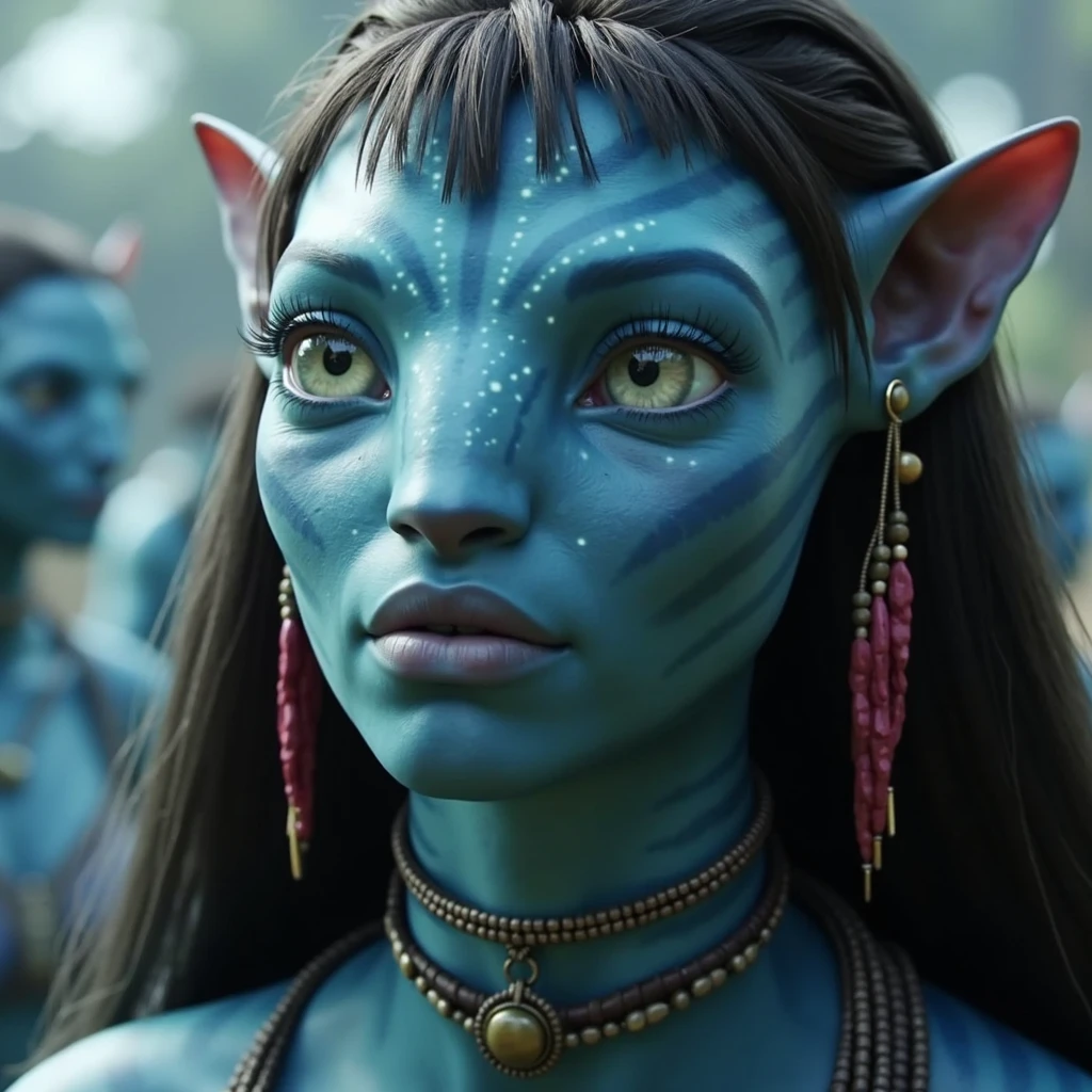 na'vi, na'vi race, avatar, pale teal blue skin, black hair, blue eyes, straight black hair with bangs, long messy bangs, no eyebrows, long bangs, bangs covering forehead