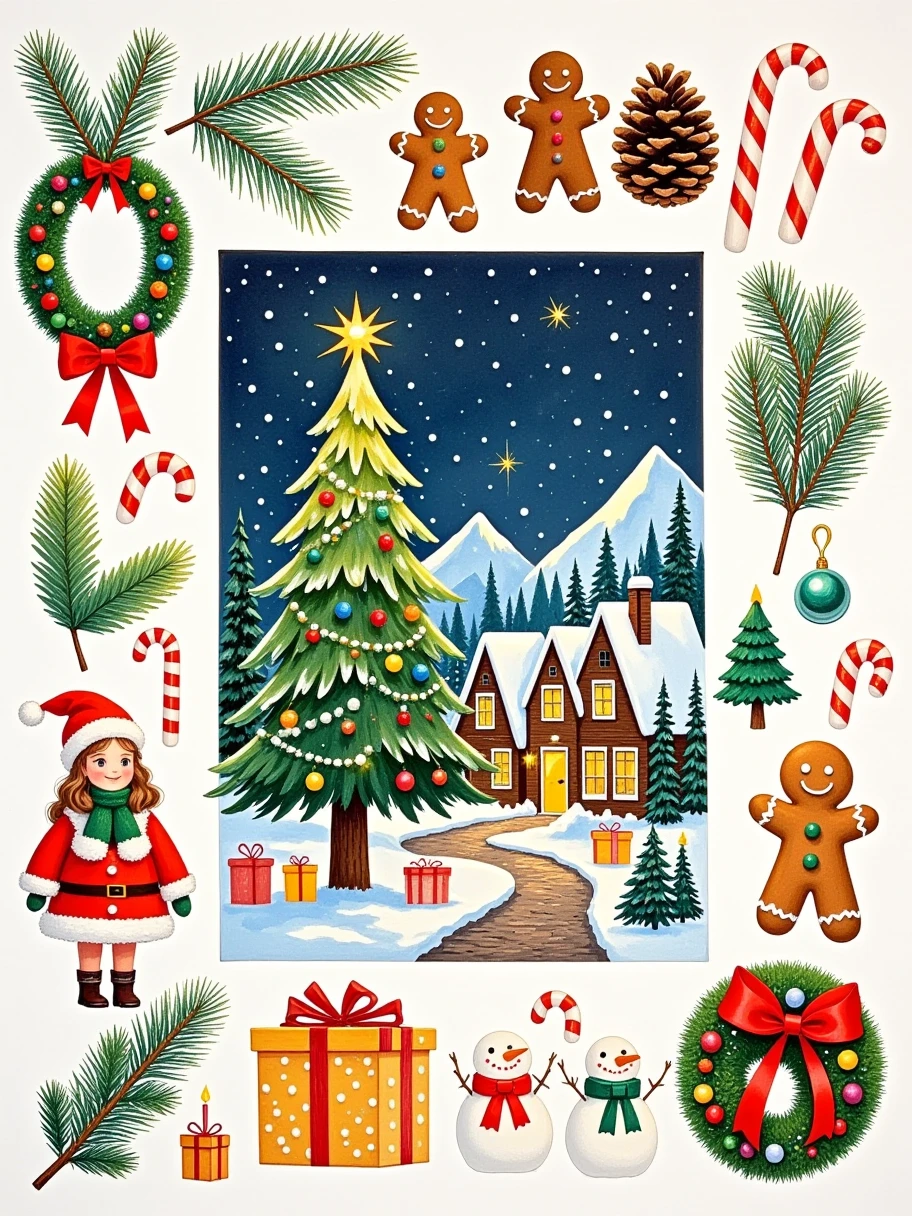  Various Christmas Tree Lights and Balls , Christmas candy,  Snowman Candles ,  Christmas candles and other ornaments form a handmade collage , The picture is Santa,  Christmas night fun and festive holiday mountain village, Simple composition ,  Master's work