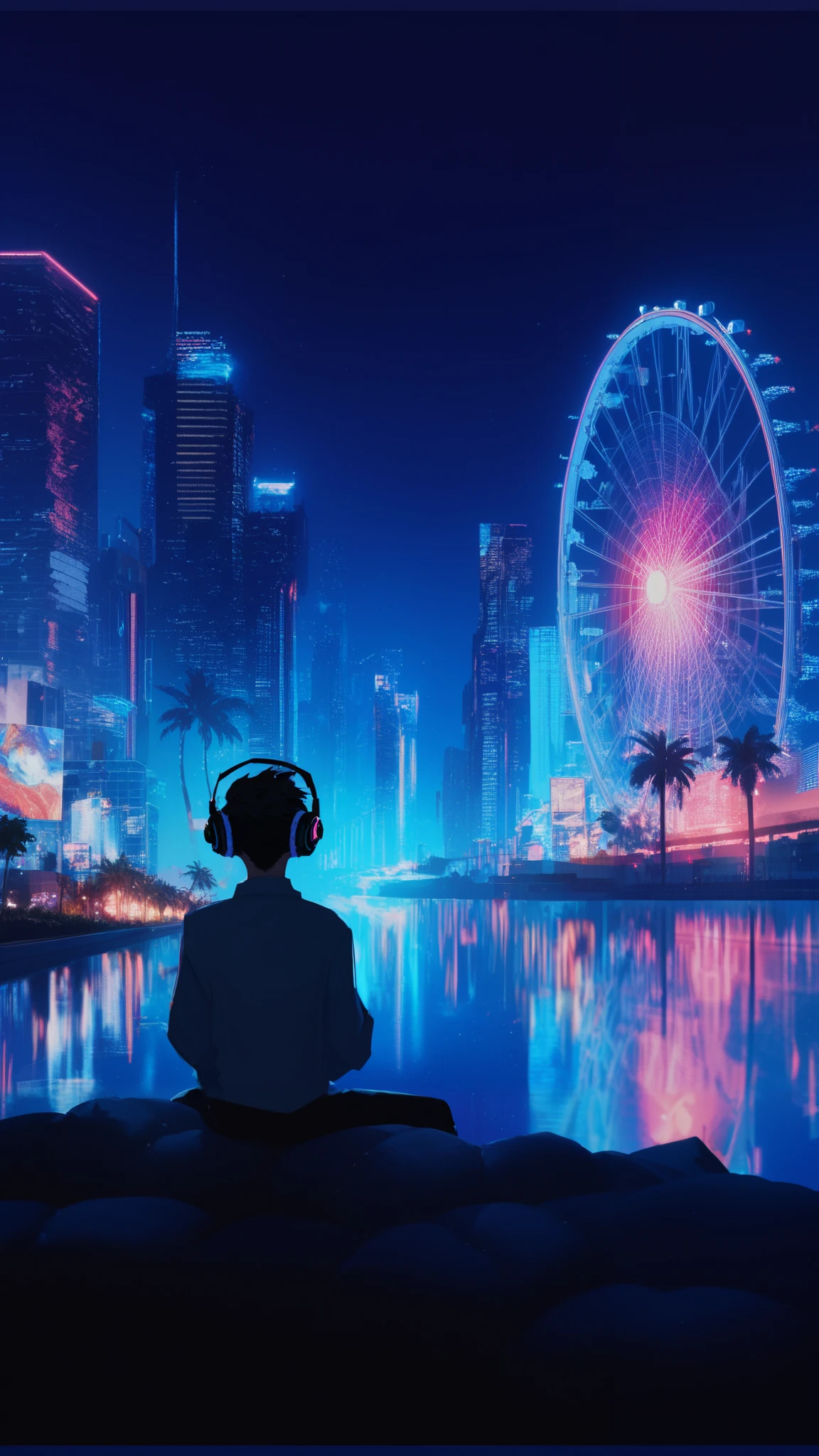 anime style, cool and edgy, thicker outlines, painterly elements, fine details, soft edges, A serene and lively night scene of a futuristic city**, neon lights illuminating tall buildings, palm trees, and a Ferris wheel, person with headphones gazing at the water, vibrant reflections, cyberpunk aesthetic, dynamic lighting, tattos, fashionable, posing, expression, stylish, striking, modern, fashion, ((boy)) 