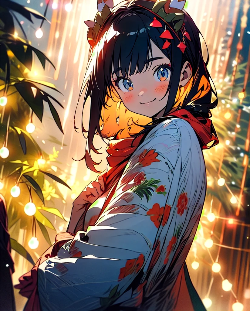  high definition ,  1 girl, solo,  with your right hand and look,  smiles,  cowboy shot ,  Headpiece,  anime style,  Christmas tree、 Christmas lights 、