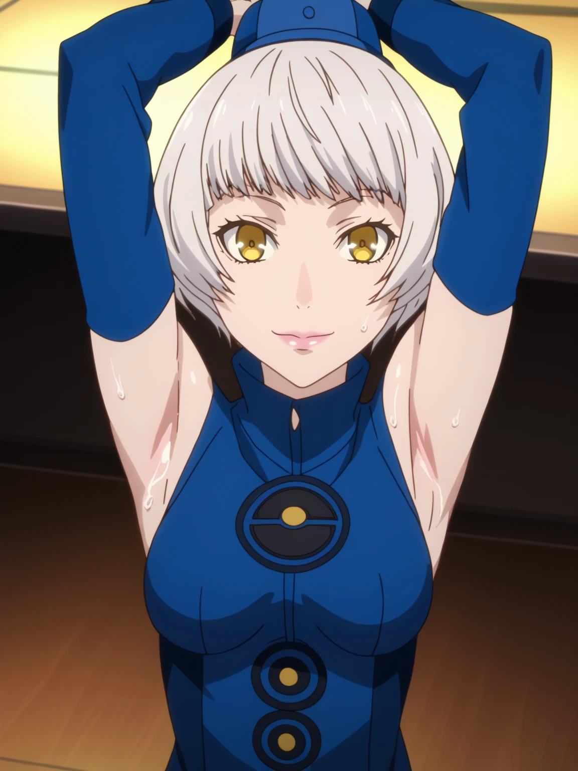 score_9, score_8_up, score_7_up, source_anime, anime screencap, 1girl, solo, elizabeth from persona 3, blue hat, yellow eyes, short hair, white hair, detached sleeves, shirt, blue shirt, turtleneck shirt, arms up, raised arms, armpits, medium breasts, from above, looking at viewer, head towards viewer, smile, closed mouth, badhandv4, indoors, on stage, sweaty armpits, sweating