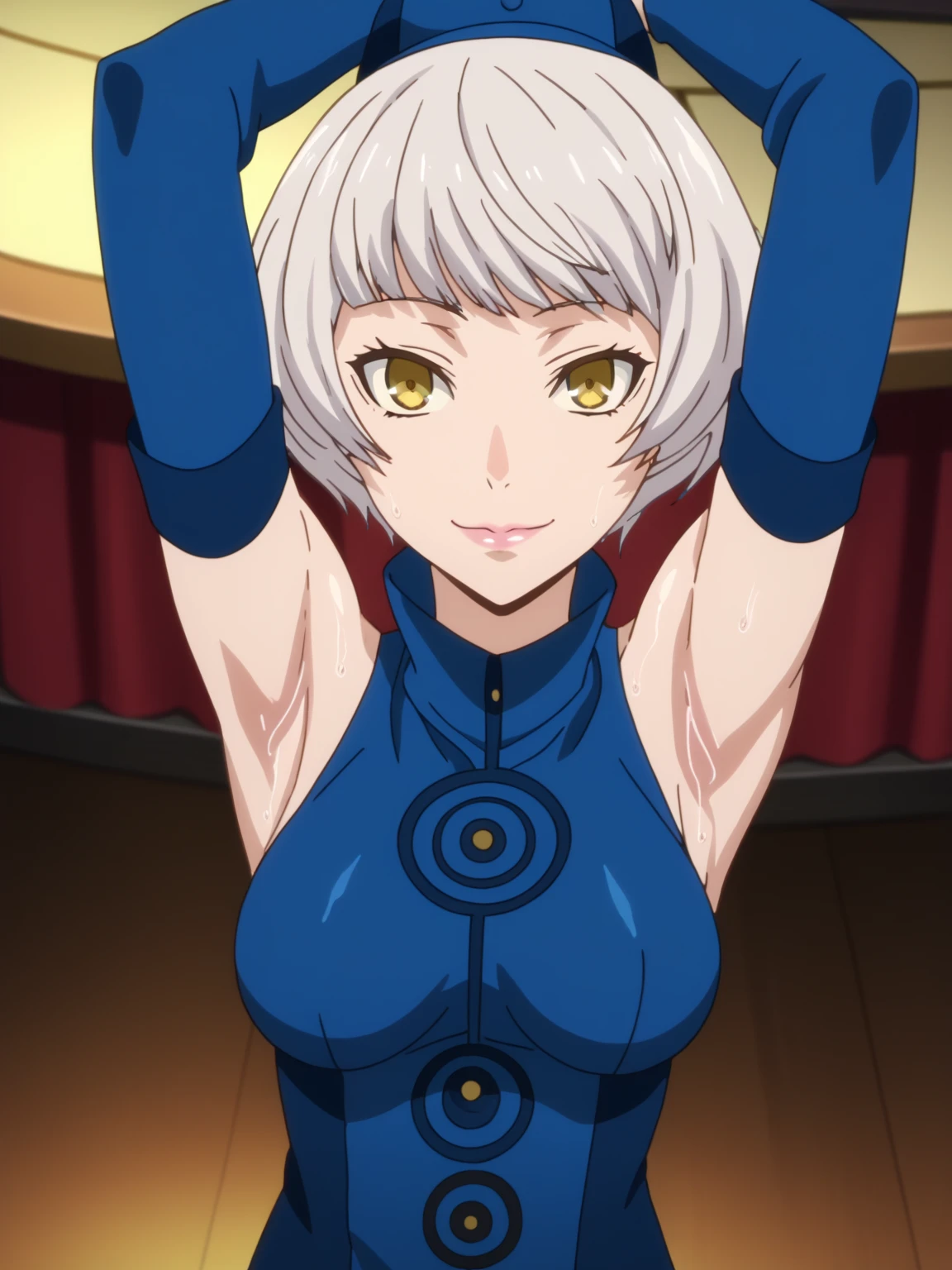 score_9, score_8_up, score_7_up, source_anime, anime screencap, 1girl, solo, elizabeth from persona 3, blue hat, yellow eyes, short hair, white hair, detached sleeves, shirt, blue shirt, turtleneck shirt, arms up, raised arms, armpits, medium breasts, from above, looking at viewer, head towards viewer, smile, closed mouth, badhandv4, indoors, on stage, sweaty armpits, sweating