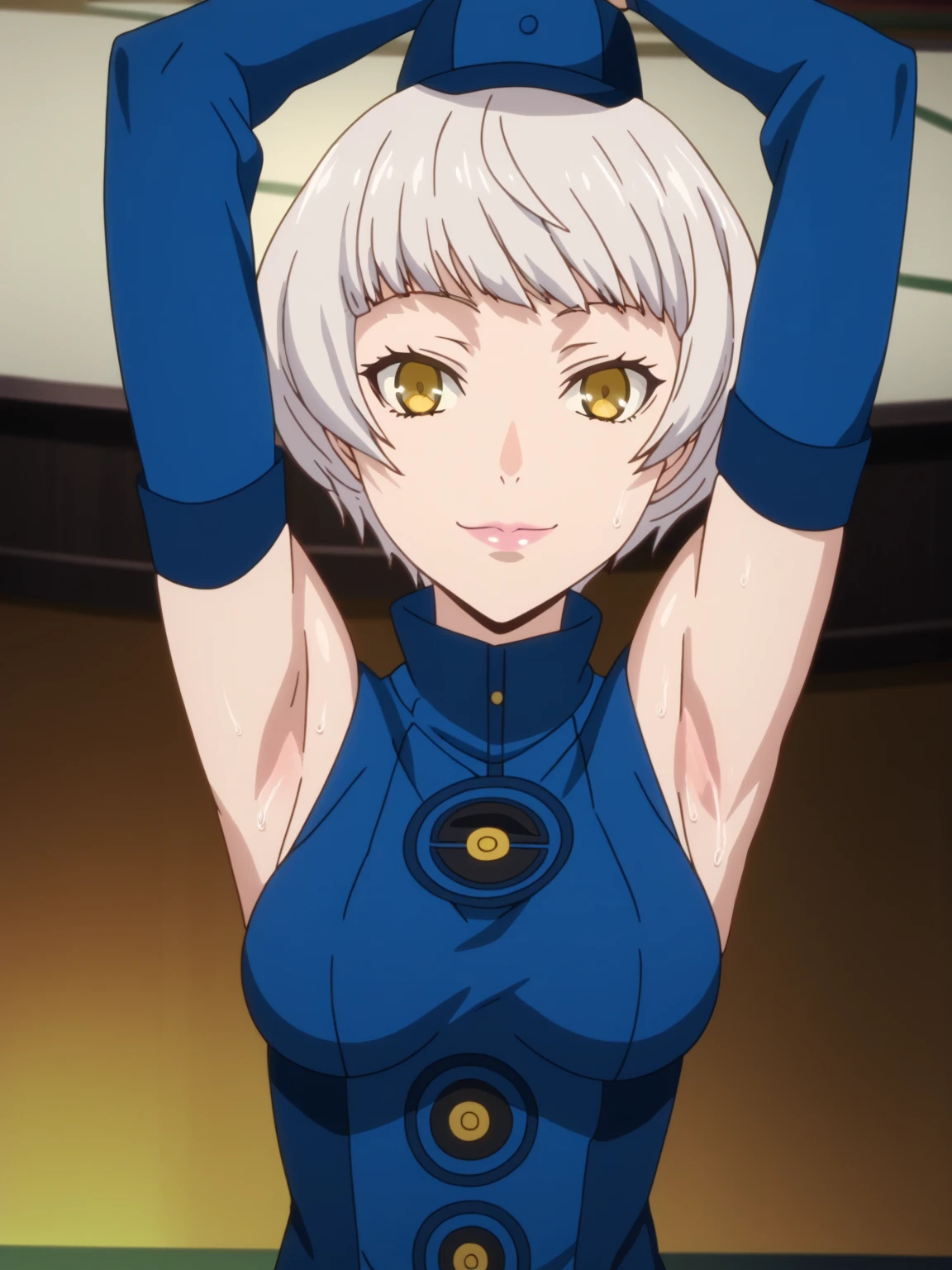 score_9, score_8_up, score_7_up, source_anime, anime screencap, 1girl, solo, elizabeth from persona 3, blue hat, yellow eyes, short hair, white hair, detached sleeves, shirt, blue shirt, turtleneck shirt, arms up, raised arms, armpits, medium breasts, from above, looking at viewer, head towards viewer, smile, closed mouth, badhandv4, indoors, on stage, sweaty armpits, sweating