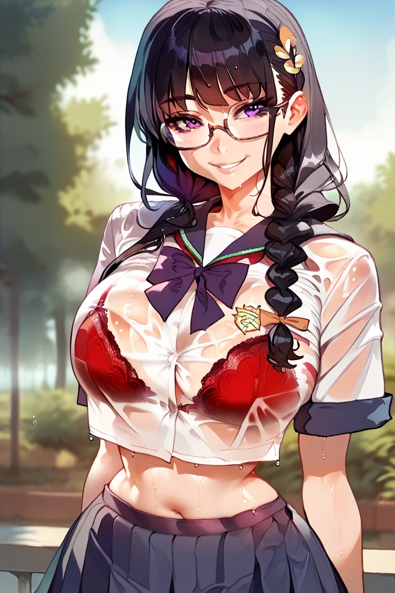 (1girl), (black hair:1.1), (braid:1.1), (glasses), (purple eyes), (smile), (breast), (Intricate Iris Details), (stomach), (outdoor), (looking at viewer), (visible through clothes), (Wet clothes), (red bra), (School uniform)