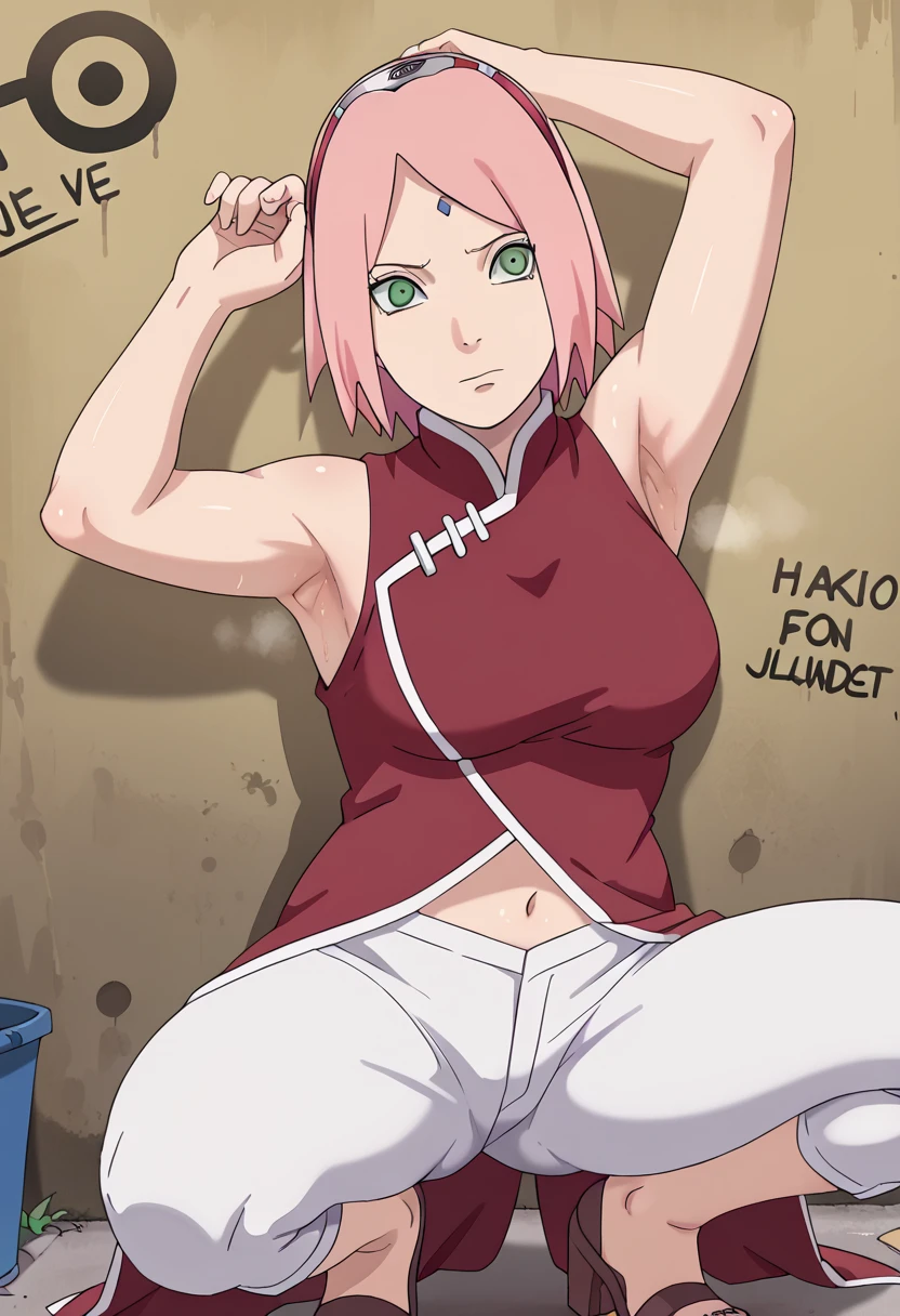 score_9, score_8_up, score_7_up, score_6_up, score_5_up, score_4_up, BREAK, source_anime,
1girl, haruno sakura, pink hair, short hair, green eyes, sleeveless, red shirt, forehead protector, beautiful legs, black gloves,
pussy, bottomless, full body, looking at viewer, solo,  konohagakure hidden village background, punching pose, fist up, ((open pussy))