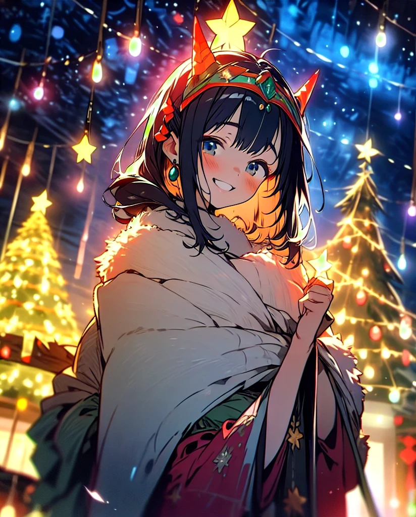  high definition ,  1 girl, solo,  with your right hand and look,  smiles,  cowboy shot ,  Headpiece,  anime style,  Christmas tree、 Christmas lights 、