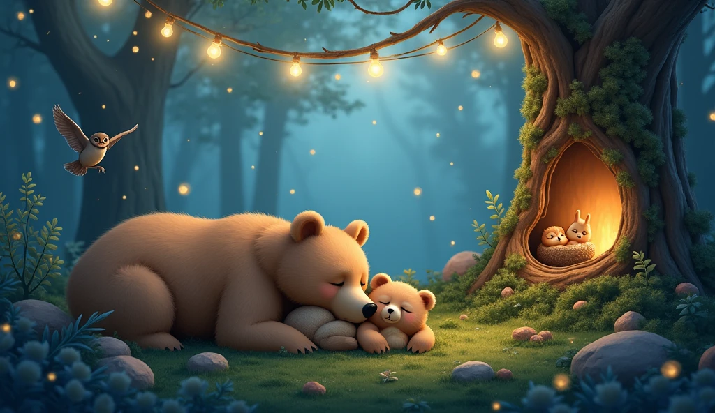 “A tranquil woodland scene in soft, realistic detail with a cozy family ...