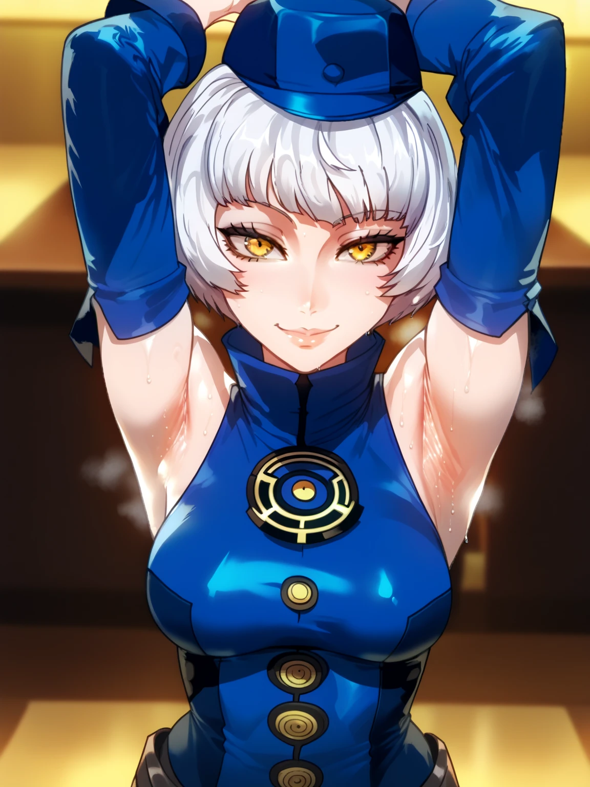 score_9, score_8_up, score_7_up, source_anime, anime screencap, 1girl, solo, elizabeth from persona 3, blue hat, yellow eyes, short hair, white hair, detached sleeves, shirt, blue shirt, turtleneck shirt, arms up, raised arms, armpits, medium breasts, from above, looking at viewer, head towards viewer, smile, closed mouth, badhandv4, indoors, on stage, sweaty armpits, sweating