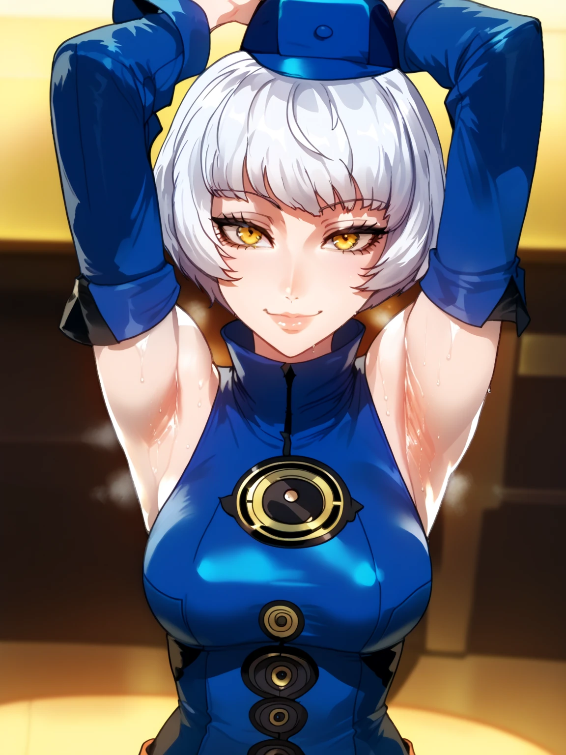 score_9, score_8_up, score_7_up, source_anime, anime screencap, 1girl, solo, elizabeth from persona 3, blue hat, yellow eyes, short hair, white hair, detached sleeves, shirt, blue shirt, turtleneck shirt, arms up, raised arms, armpits, medium breasts, from above, looking at viewer, head towards viewer, smile, closed mouth, badhandv4, indoors, on stage, sweaty armpits, sweating