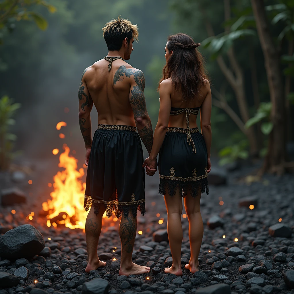 a raven-haired woman, long braided hair, delicate face, with paint and mud covering her entire naked body, kissing a man with short jet black hair, muscular, marked jaw, shirtless, He also has mud and paint covering him all over., with a campfire in the background, HORIZONTAL IMAGE, Digital art. 