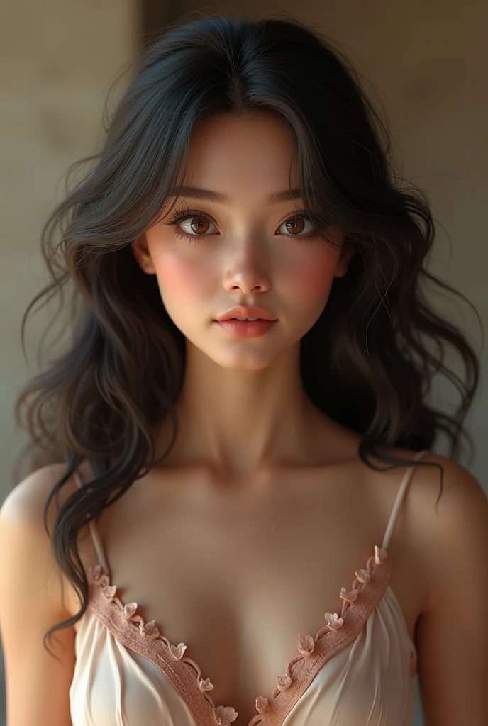 breasts, smile, blush, Long hair, open mouth, black hair, looking at the viewer, 1 girl,