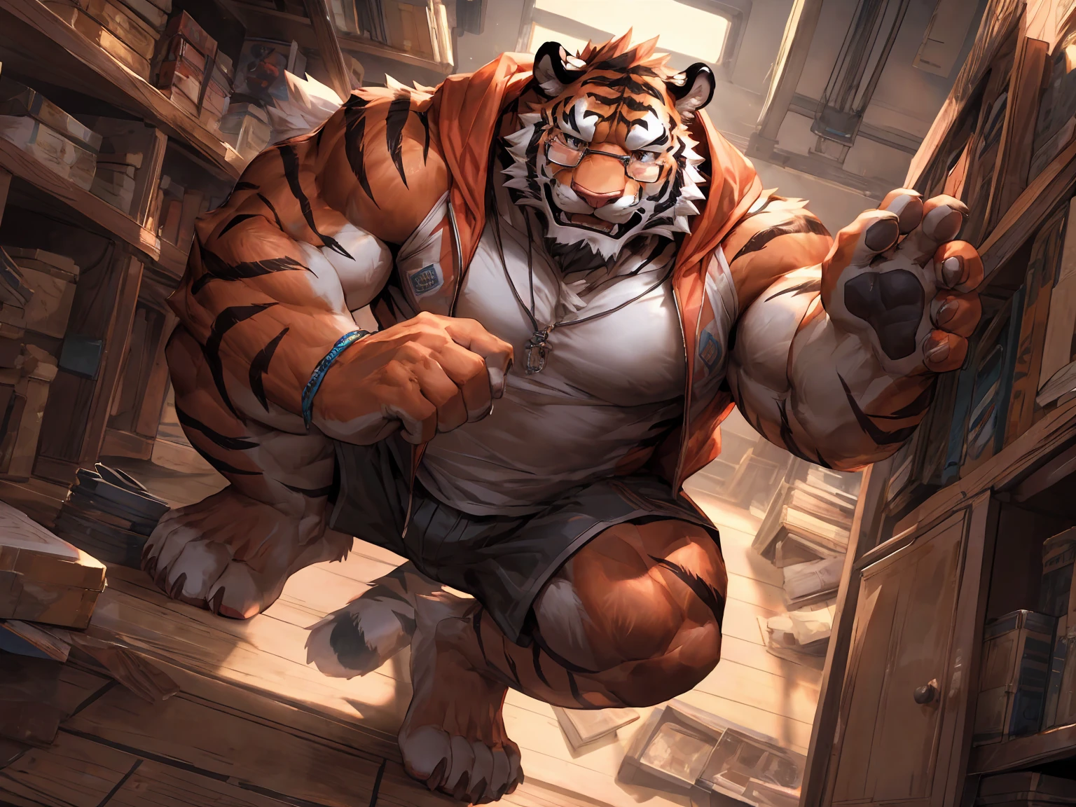 human nature, cannon, male, solitary, ((the strong,Handsome)), (white tiger), Chibo,Six-pack abs,(indoor),Feet facing the audience,Dirty white socks,Blue shorts,Sweat:1.3,high quality, (4K,high quality, high resolution, masterpiece), cartoon,by lindong