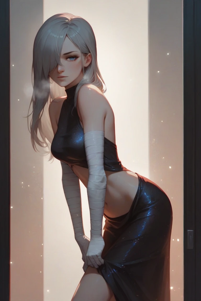 1 girl, looking at viewer, solo, navel, bare shoulder, elbow gloves, medium breasts, stomach, hair over one eye, bandaged arm, natasha, 1girl, grey hair, long hair, 
1 girl, alone, standing in the doorway, seductive, side view, sensual gaze, (arching, leaning forward: 1,2), looking at viewer, hands between legs, glowing particles, darkness, glowing red particles, red silk evening dress, high contrast, feminine silhouette, shiny, pull up skirt,
sensual look, heavy breathing, seductive,