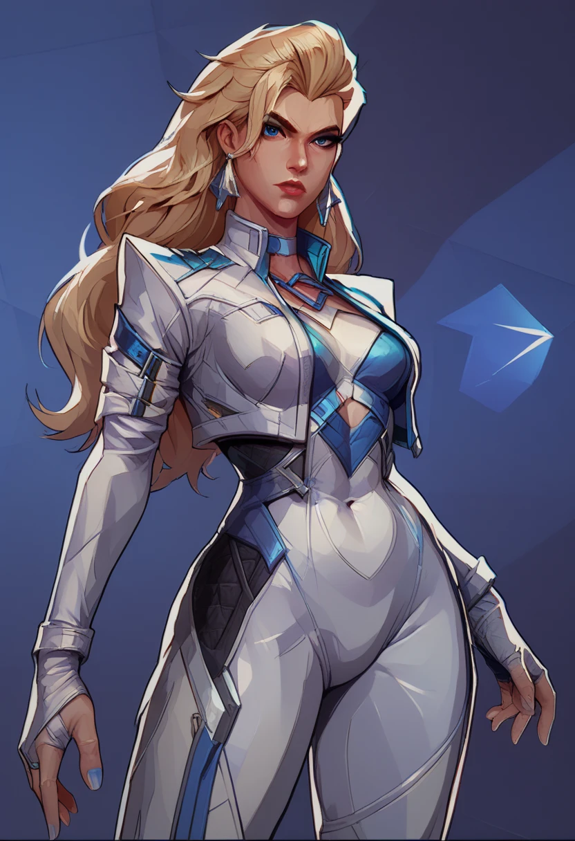 score_9, score_8_up, score_7_up, score_6_up, expressiveh, dagger_rivals, 1girl, solo, cowboy shot, blonde hair, long hair, eyeliner, blue eyes, moon mark, earrings, from front, cropped jacket, bodysuit, white bodysuit, white clothes, fingerless gloves, blue details, looking at viewer, purple background, geometric shapes,
