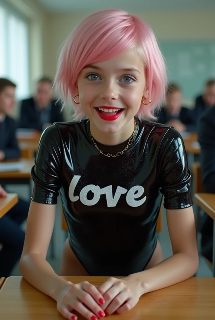 Marketing for Dutch demographics. Product design sheet. Photorealistic clone of McKenna Grace minimalistic lovebot in Buff in a user situation. Full unobstructed view between. High detail in full color. She is undergoing simulated client experience situations with volunteers probing. Fun.