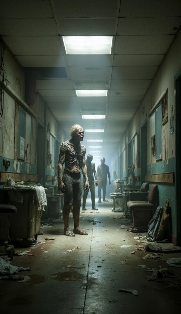 In the hospital hallway ， dilapidated hospital hallway scene，There are a few zombies at the end 