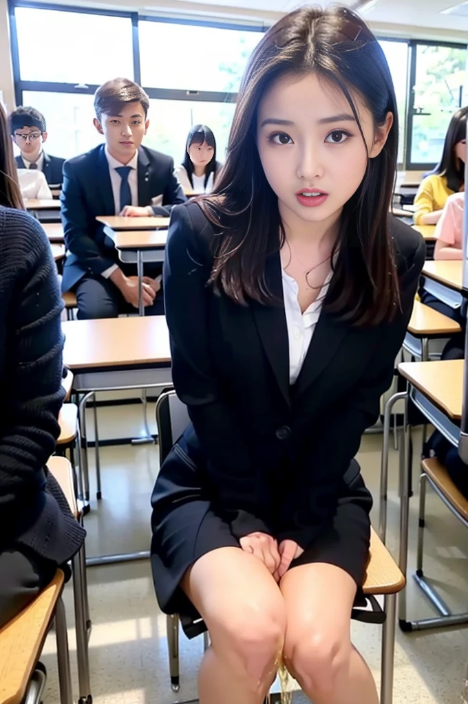 8(k RAW photo, A young naked girl, ideal body, medium breast), really happy, talking with her friends, pink gaming headphone, yellow hair, in sexual class, crowded school class room, sorrounded by females students, all students looking at her, (unbuttoning) long sleeve white shirt, black tie, (lifting) black skirt, temptating pose on chair, (showing pussy, showing nipples), shot from lower front, looking side