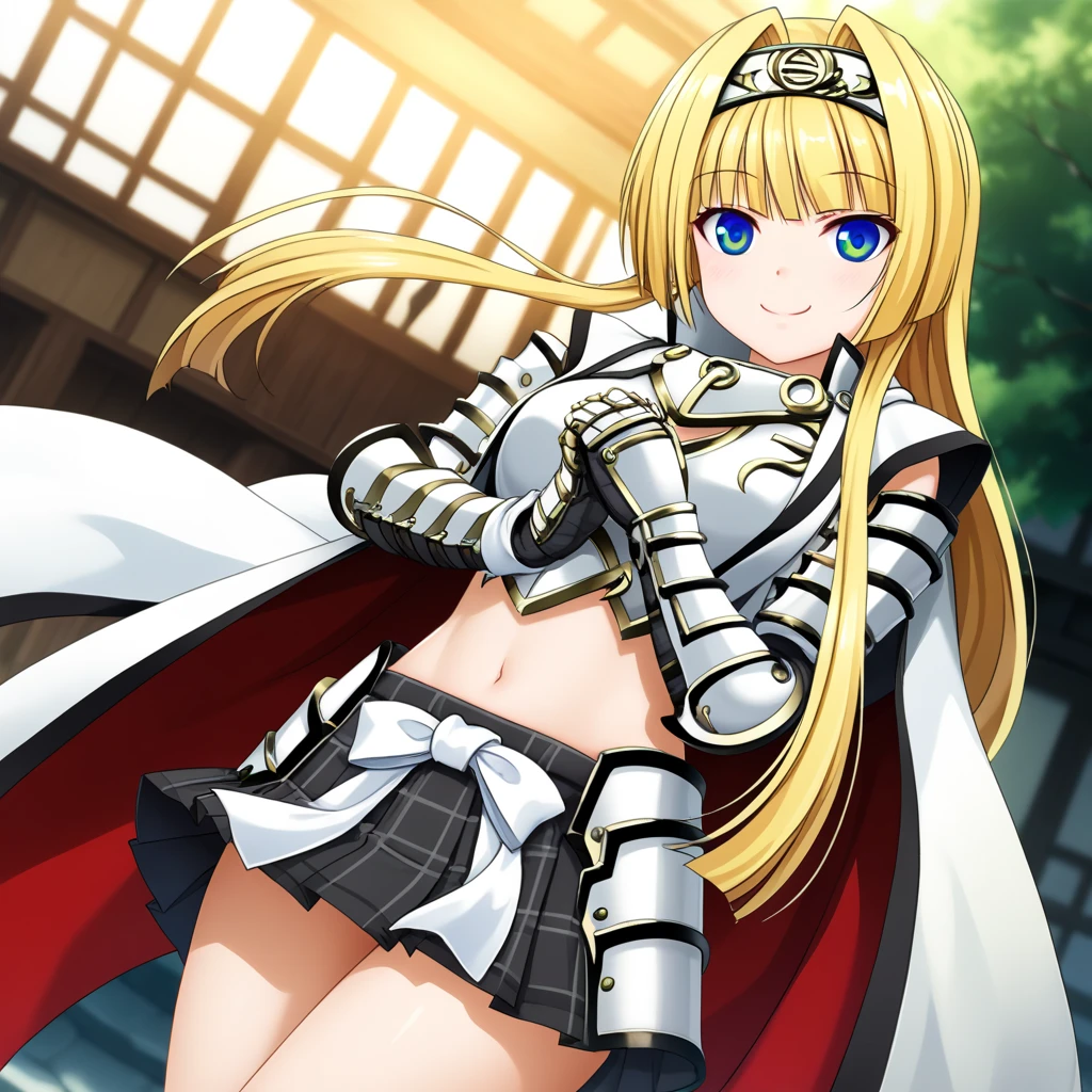 (Ashikaga Yoshiteru of dark side,),cute girl, Support chest from underneath with own hands, gamecg, detailed, score_7, score_8, score_9, smile face, ashikaga_yoshiteru_(sengoku_otome), blonde hair, blue eyes, long hair, breasts, armor, hairband, cape, white bow, midriff, black skirt, pleated skirt, skirt in plaid skirt,navel, gauntlets, cowboy shot