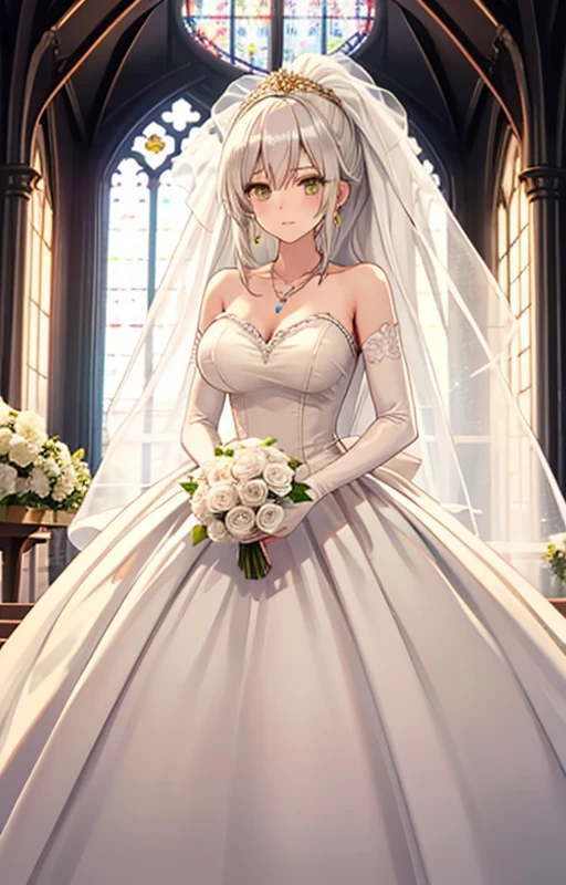 1girl, solo, hanazono shizuma, silver hair, very long hair, bangs, ponytail, green eyes, large breasts, golden eyes, eyelashes, eyeshadow, glitterw3d, dress, bare shoulders, white dress, strapless, strapless dress, wedding dress, glittery, at a church, altar, lavish wedding, long veil, elbow gloves, Tiara, necklace sparkle,  earrings, ballgown, bouquet, (masterpiece), best quality, expressive eyes, perfect face, good hands, best hands, detailed, high quality, high resolution. 8k