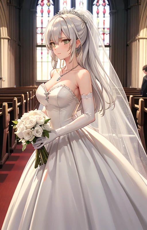 1girl, solo, hanazono shizuma, silver hair, very long hair, bangs, ponytail, green eyes, large breasts, golden eyes, eyelashes, eyeshadow, glitterw3d, dress, bare shoulders, white dress, strapless, strapless dress, wedding dress, glittery, at a church, altar, lavish wedding, long veil, elbow gloves, Tiara, necklace sparkle,  earrings, ballgown, bouquet, (masterpiece), best quality, expressive eyes, perfect face, good hands, best hands, detailed, high quality, high resolution. 8k