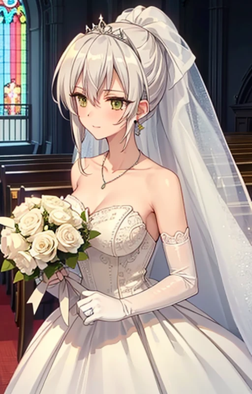 1girl, solo, hanazono shizuma, silver hair, very long hair, bangs, ponytail, green eyes, large breasts, golden eyes, eyelashes, eyeshadow, glitterw3d, dress, bare shoulders, white dress, strapless, strapless dress, wedding dress, glittery, at a church, altar, lavish wedding, long veil, elbow gloves, Tiara, necklace sparkle,  earrings, ballgown, bouquet, (masterpiece), best quality, expressive eyes, perfect face, good hands, best hands, detailed, high quality, high resolution. 8k