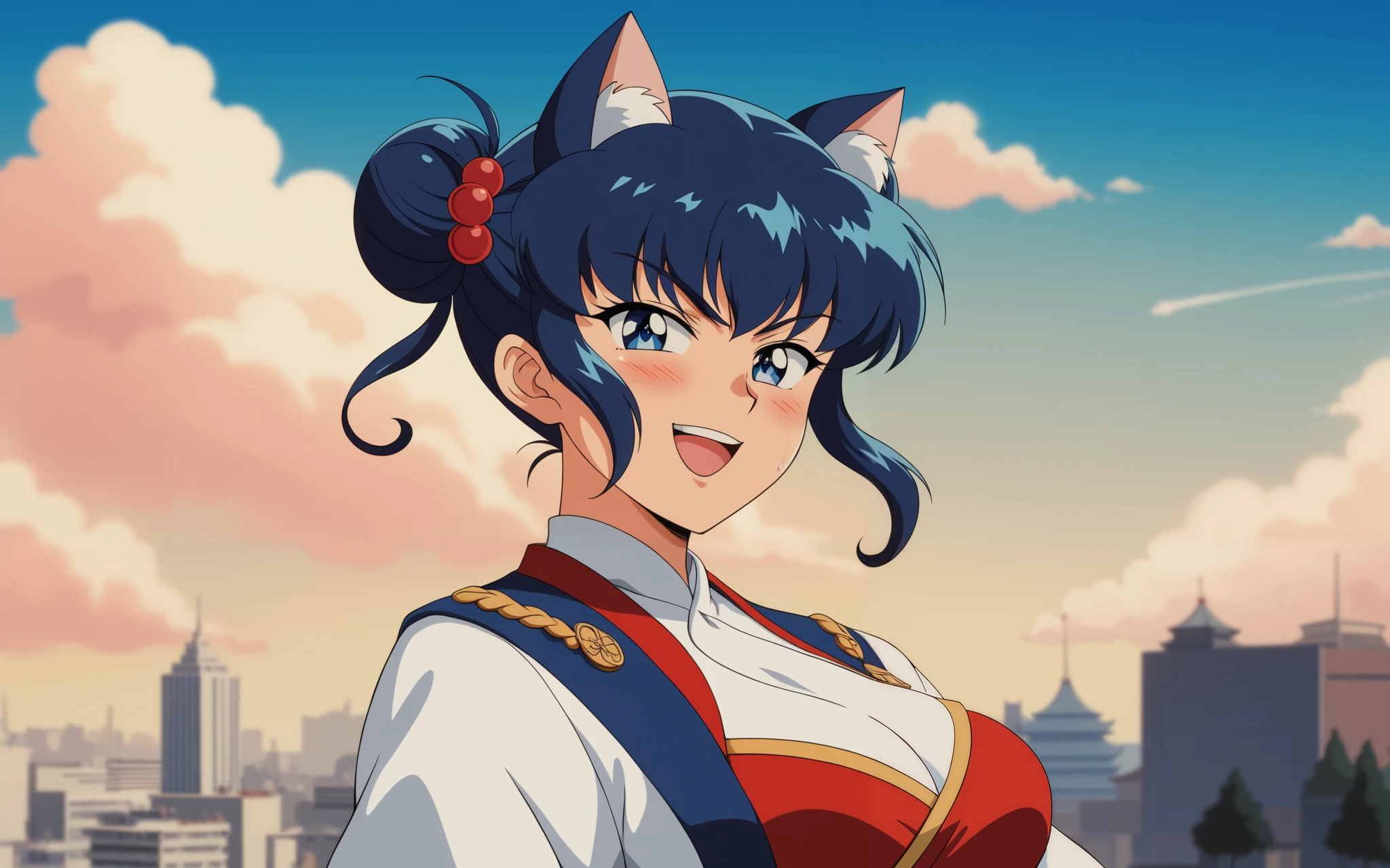 Young woman drawn in 80’s anime art style. 
Retro anime. Vintage Anime. Classical Anime. 
Black Blue HAIR
Cone Hair Bun Hair
She has perfectly Round and Circle eyes. 
Blue eyes and Medium Sized Eyebrows. 
She is Tan Woman.
She has Medium Breast
Small blush on cheek.
Evil Smile/ Evil Smirk

She is wearing a japanese  Uchinasugai  uniform.

 Uchinasugai  (Okinawan:  Uchinasugai /Okinawa figure ), also known as Ryusou (Japanese:  Ryusou Ryusou ,  also written as ryusō) and referred as ushinchi in Okinawan, is the traditional dress of the Ryukyuan people.

(Cloudy) (Sky) (Raindrops) (Rainy Sky)

(View from the City)

