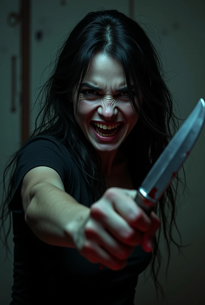 A possessed girl screaming towards the camera