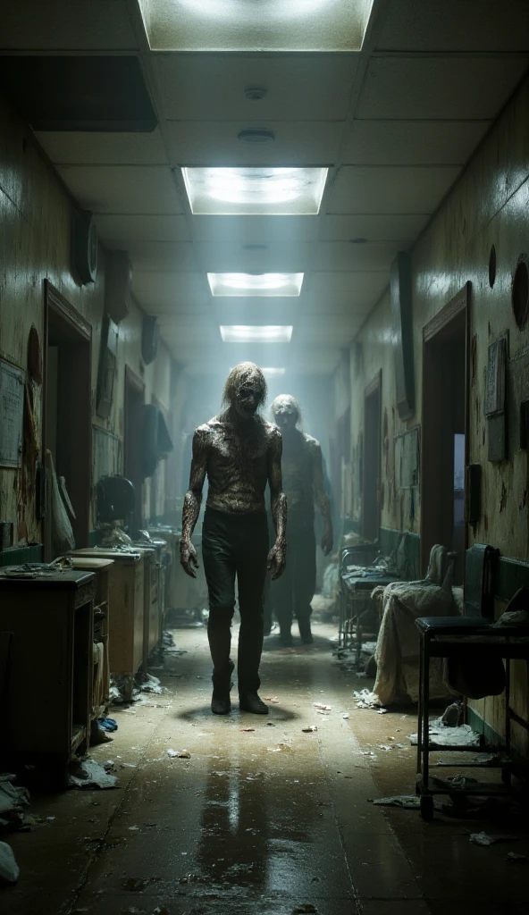 In the hospital hallway ， dilapidated hospital hallway scene，There are a few zombies at the end 