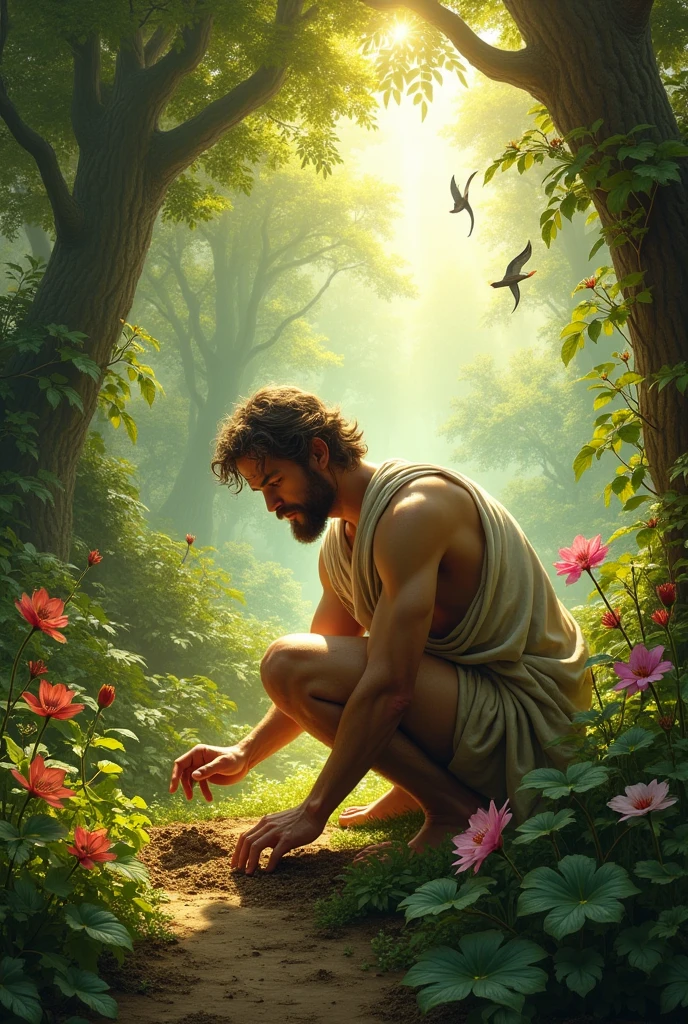 Make a picture of God creating Adam in a garden. detalhes realista.