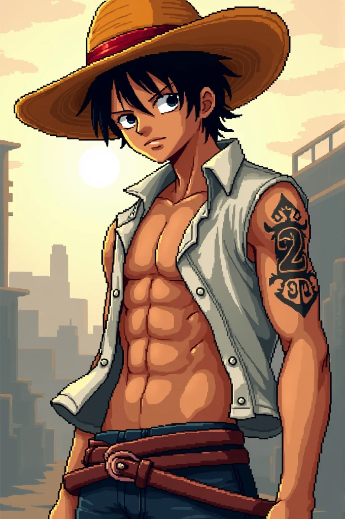 boichi manga style,  male focus, 1boy, solo, fire, , black hair, straw hat, , hat, abs, jewelry, necklace, muscular, shirt, belt, ((masterpiece)) 
