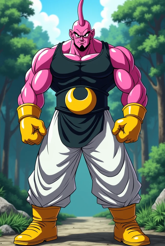 solo, majin buu,short, (musclar:2),(angry:2),fighting,in wasteland,destroyed rock,(soft shading), 4k, hi res, ((detailed face, (detailed eyes:1.0), detailed)), (full body), looking at viewer, 1boy, upper body, male focus,white_pants,nude,(topless:1.5),( shirtless:2.5),torn clothes,bare pectorals, fighting stance,