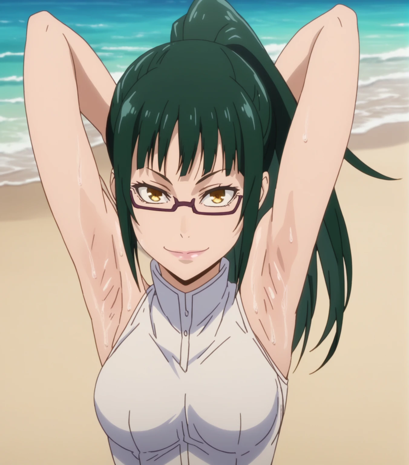 score_9, score_8_up, score_7_up, source_anime, anime screencap, 1girl, solo, maki zenin, ponytail, long hair, green hair, yellow eyes, glasses, medium breasts, arms behind head, armpits, looking at viewer, head towards viewer, smile, closed mouth, badhandv4, outdoors, beach, sweaty armpits