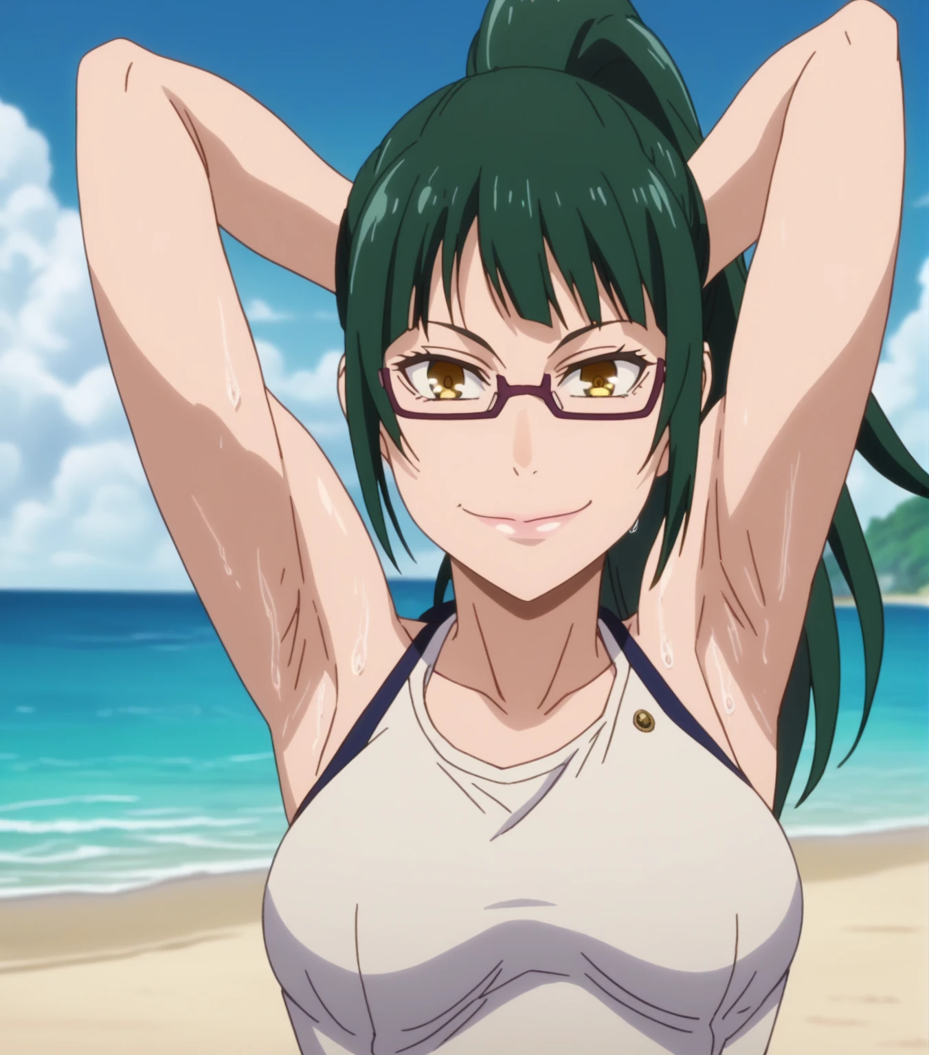 score_9, score_8_up, score_7_up, source_anime, anime screencap, 1girl, solo, maki zenin, ponytail, long hair, green hair, yellow eyes, glasses, medium breasts, arms behind head, armpits, looking at viewer, head towards viewer, smile, closed mouth, badhandv4, outdoors, beach, sweaty armpits